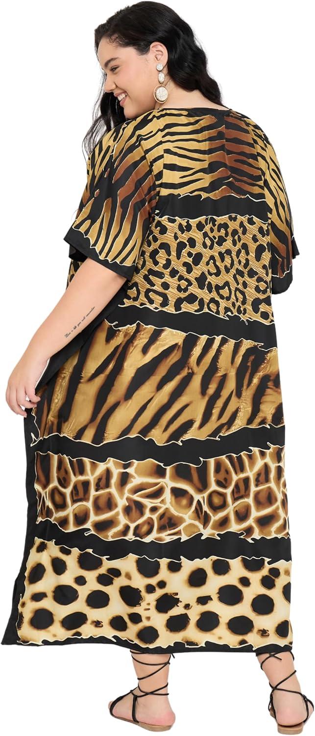 imageCaftans for Women Plus Size Polyester Maxi Beach Dresses Bathing Suit Cover Up Long Kaftan Swimsuit Coverup House DressBlack Animal
