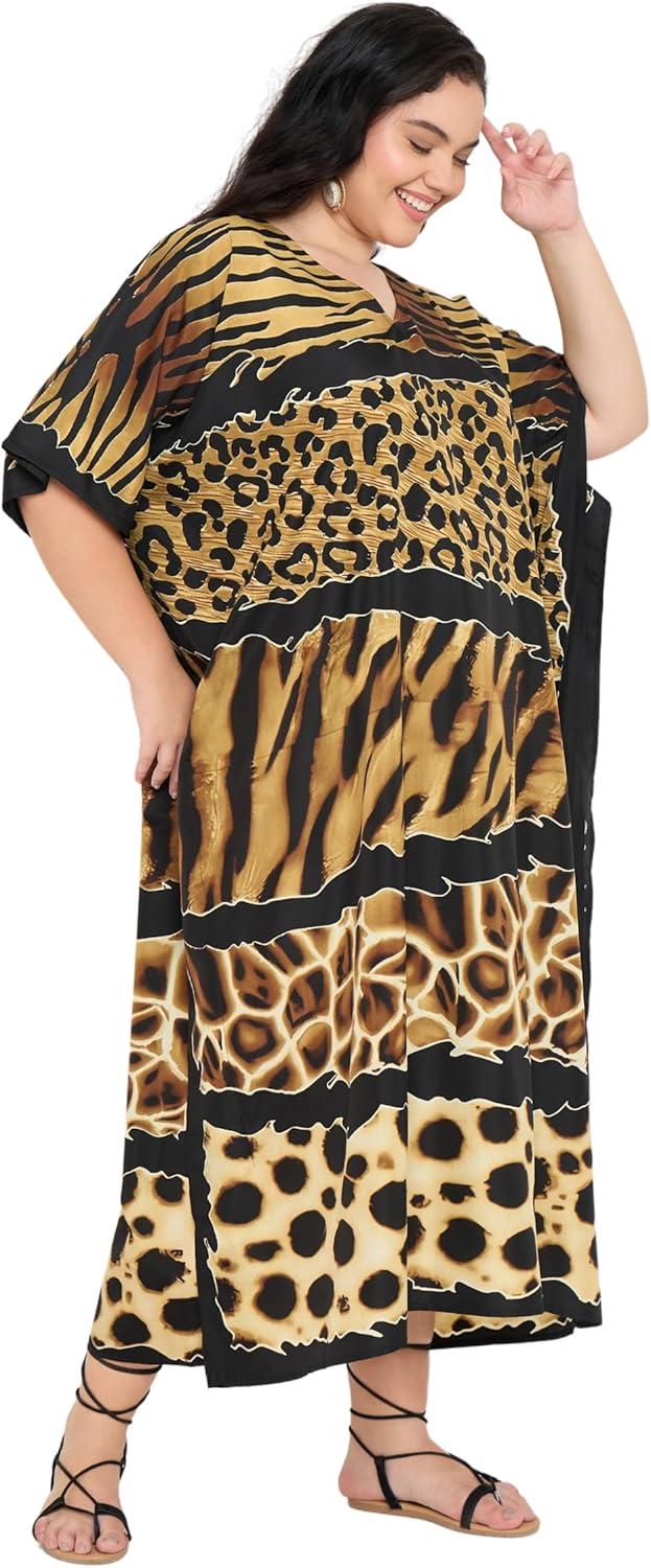 imageCaftans for Women Plus Size Polyester Maxi Beach Dresses Bathing Suit Cover Up Long Kaftan Swimsuit Coverup House DressBlack Animal