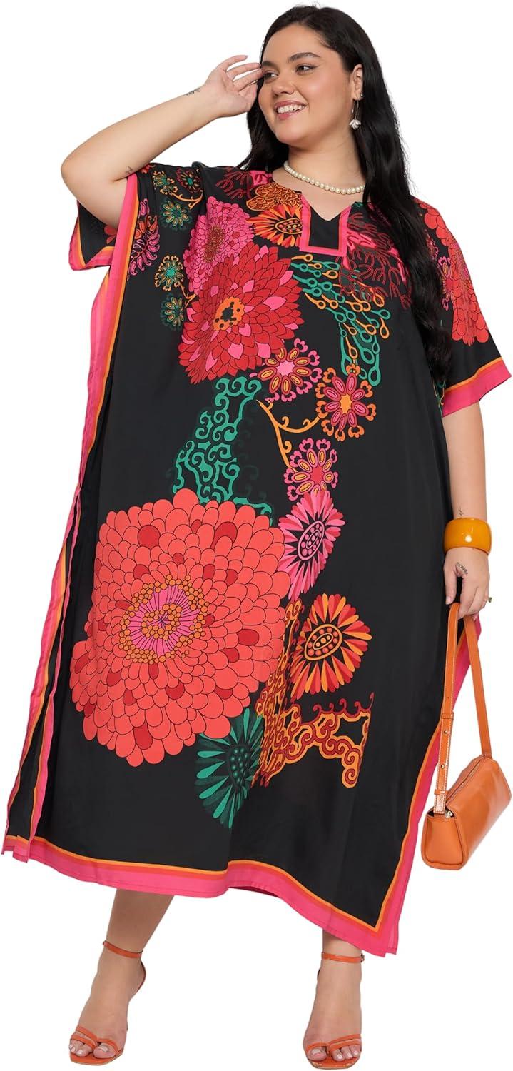 imageCaftans for Women Plus Size Polyester Maxi Beach Dresses Bathing Suit Cover Up Long Kaftan Swimsuit Coverup House DressBlack Floral