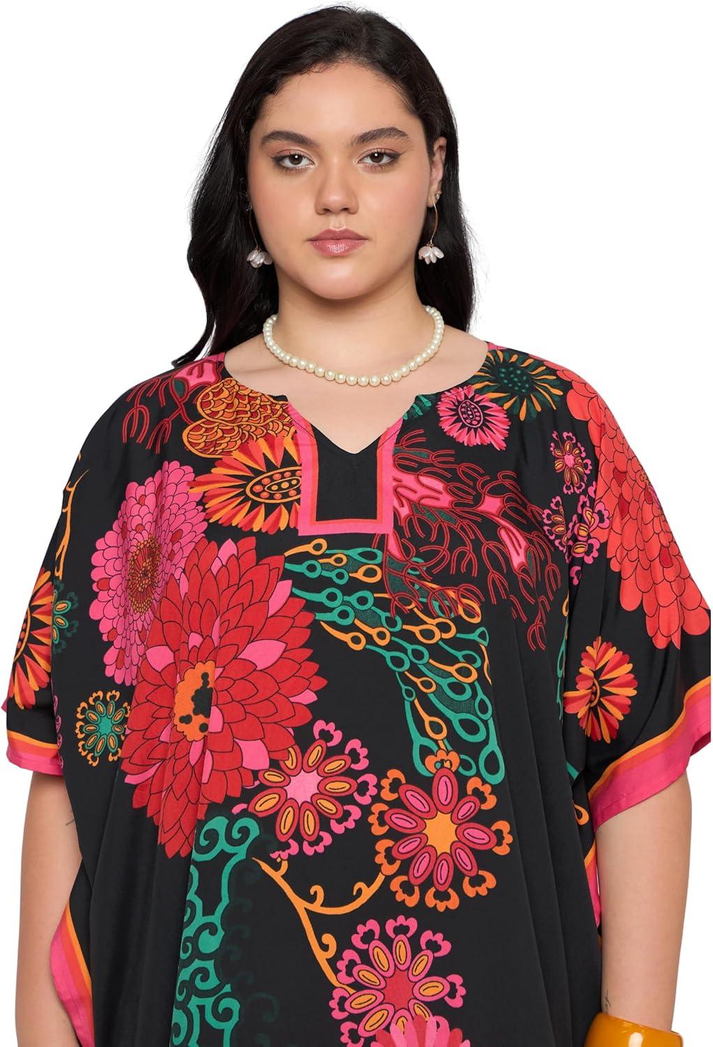 imageCaftans for Women Plus Size Polyester Maxi Beach Dresses Bathing Suit Cover Up Long Kaftan Swimsuit Coverup House DressBlack Floral
