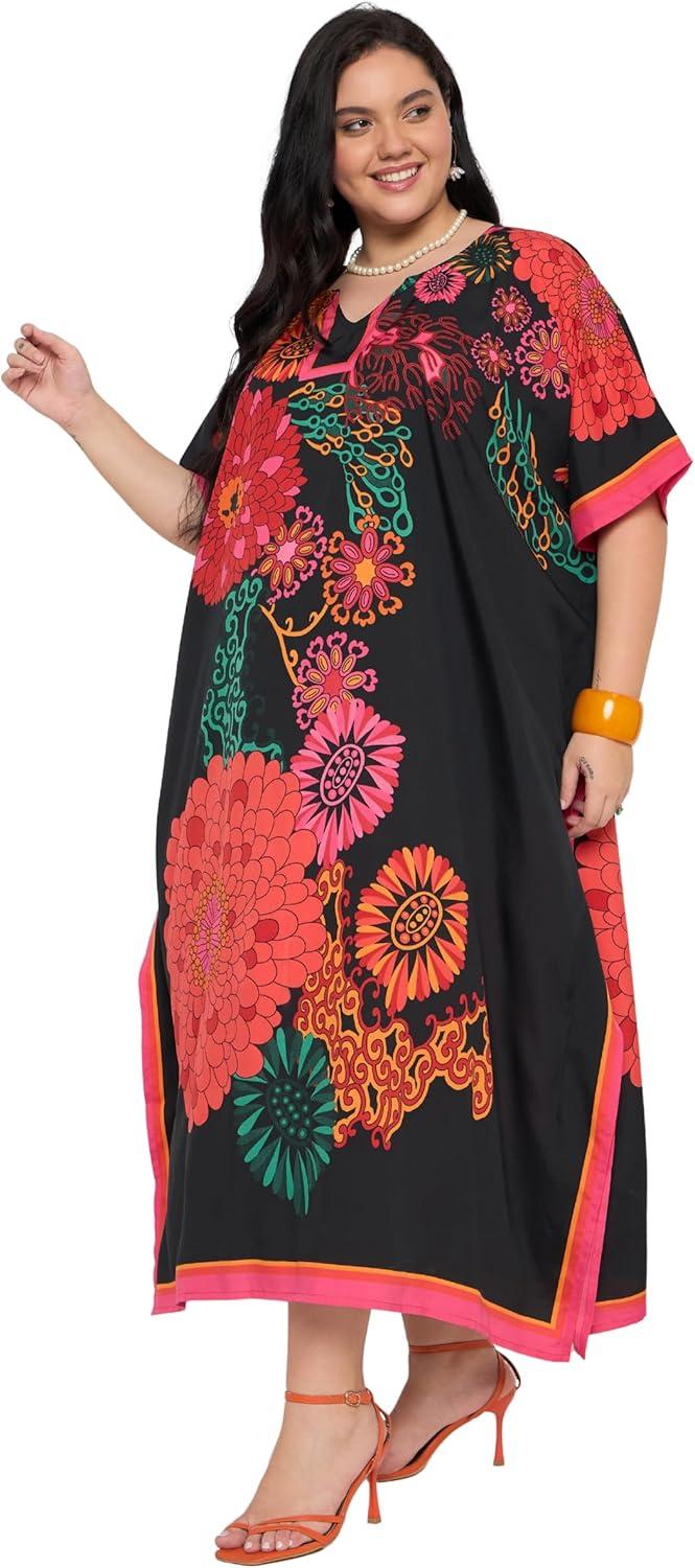 imageCaftans for Women Plus Size Polyester Maxi Beach Dresses Bathing Suit Cover Up Long Kaftan Swimsuit Coverup House DressBlack Floral