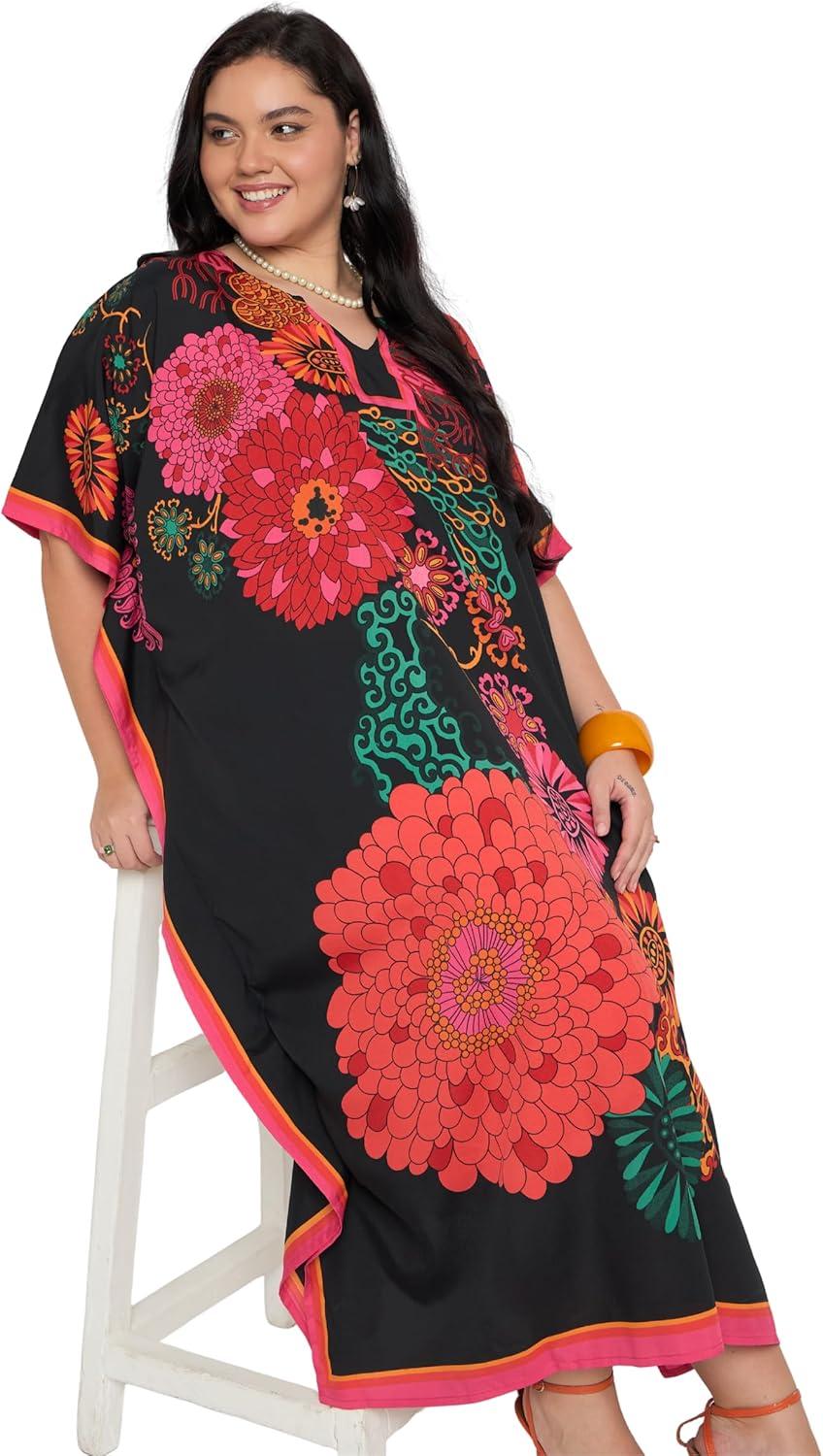 imageCaftans for Women Plus Size Polyester Maxi Beach Dresses Bathing Suit Cover Up Long Kaftan Swimsuit Coverup House DressBlack Floral