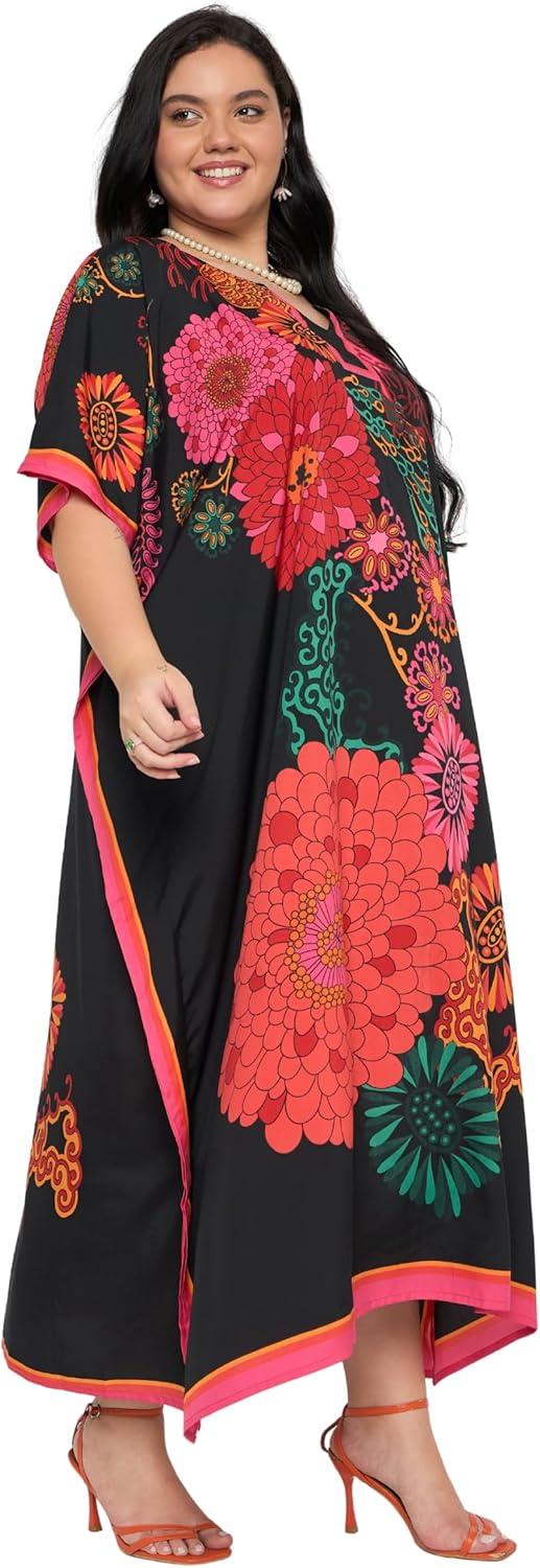 imageCaftans for Women Plus Size Polyester Maxi Beach Dresses Bathing Suit Cover Up Long Kaftan Swimsuit Coverup House DressBlack Floral