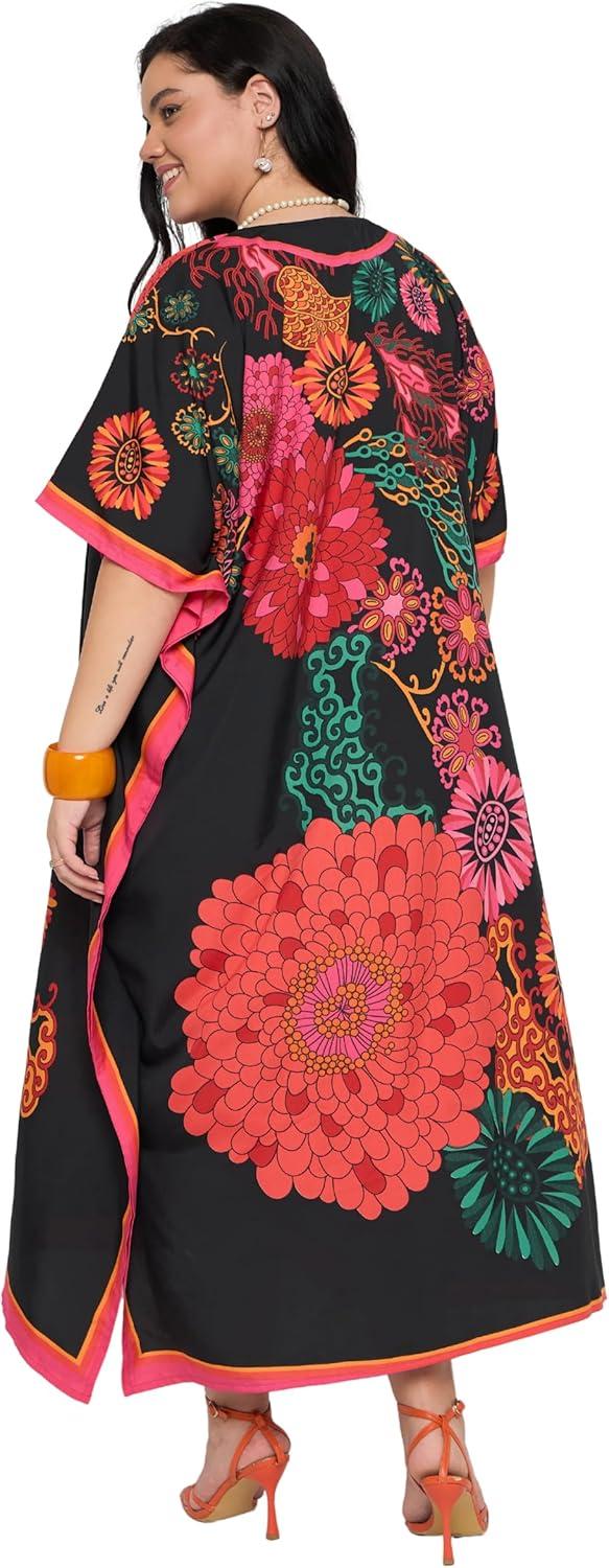 imageCaftans for Women Plus Size Polyester Maxi Beach Dresses Bathing Suit Cover Up Long Kaftan Swimsuit Coverup House DressBlack Floral