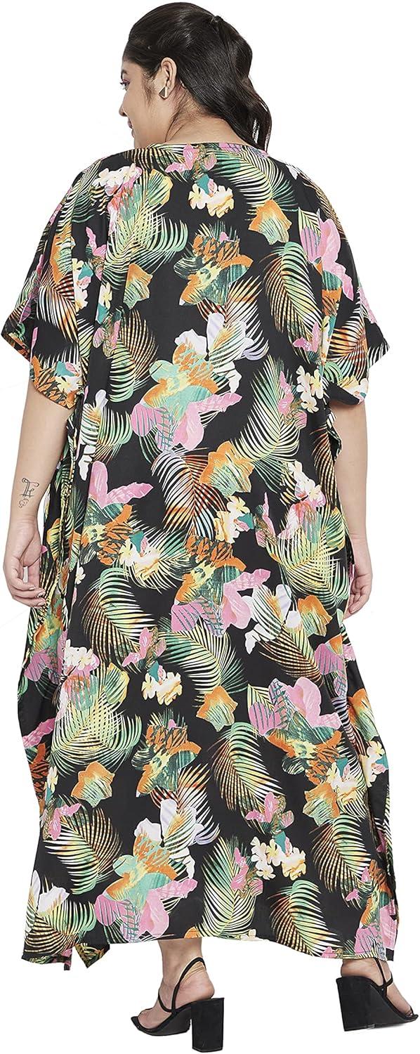 imageCaftans for Women Plus Size Polyester Maxi Beach Dresses Bathing Suit Cover Up Long Kaftan Swimsuit Coverup House DressBlack Leaf
