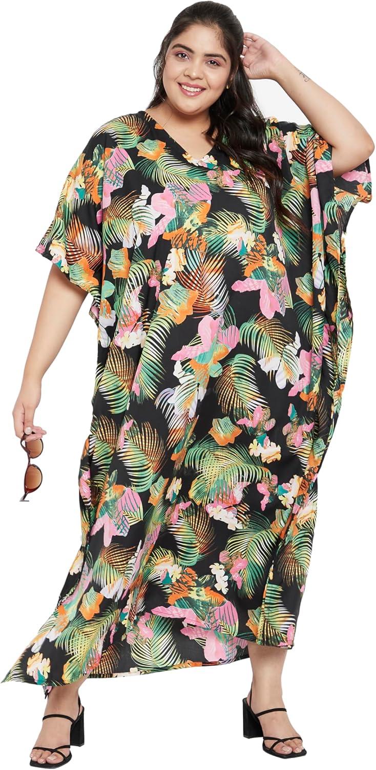 imageCaftans for Women Plus Size Polyester Maxi Beach Dresses Bathing Suit Cover Up Long Kaftan Swimsuit Coverup House DressBlack Leaf