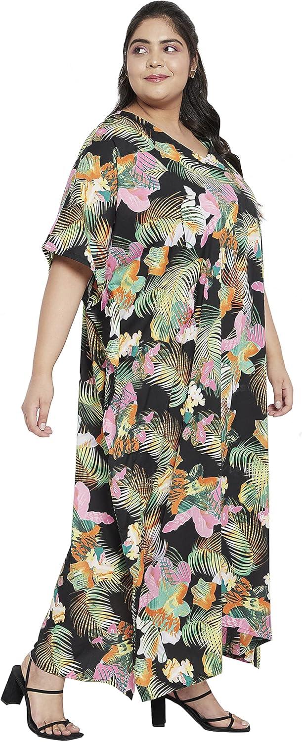 imageCaftans for Women Plus Size Polyester Maxi Beach Dresses Bathing Suit Cover Up Long Kaftan Swimsuit Coverup House DressBlack Leaf