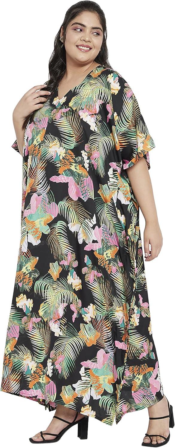 imageCaftans for Women Plus Size Polyester Maxi Beach Dresses Bathing Suit Cover Up Long Kaftan Swimsuit Coverup House DressBlack Leaf