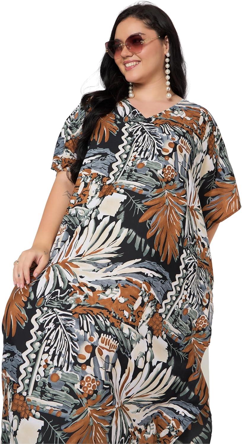 imageCaftans for Women Plus Size Polyester Maxi Beach Dresses Bathing Suit Cover Up Long Kaftan Swimsuit Coverup House DressBlack Tropical Leaf