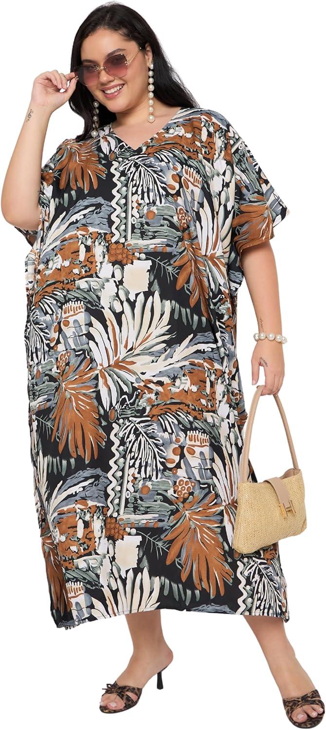 imageCaftans for Women Plus Size Polyester Maxi Beach Dresses Bathing Suit Cover Up Long Kaftan Swimsuit Coverup House DressBlack Tropical Leaf