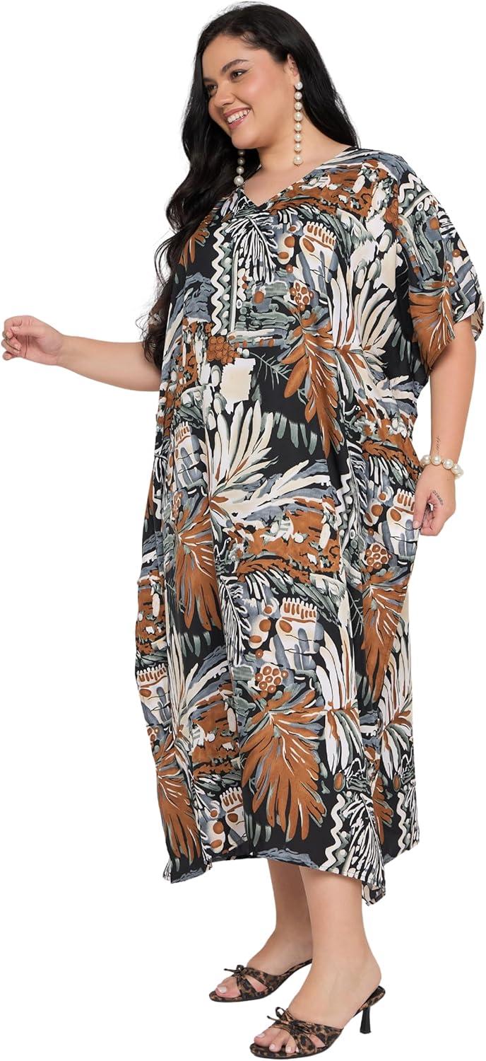 imageCaftans for Women Plus Size Polyester Maxi Beach Dresses Bathing Suit Cover Up Long Kaftan Swimsuit Coverup House DressBlack Tropical Leaf
