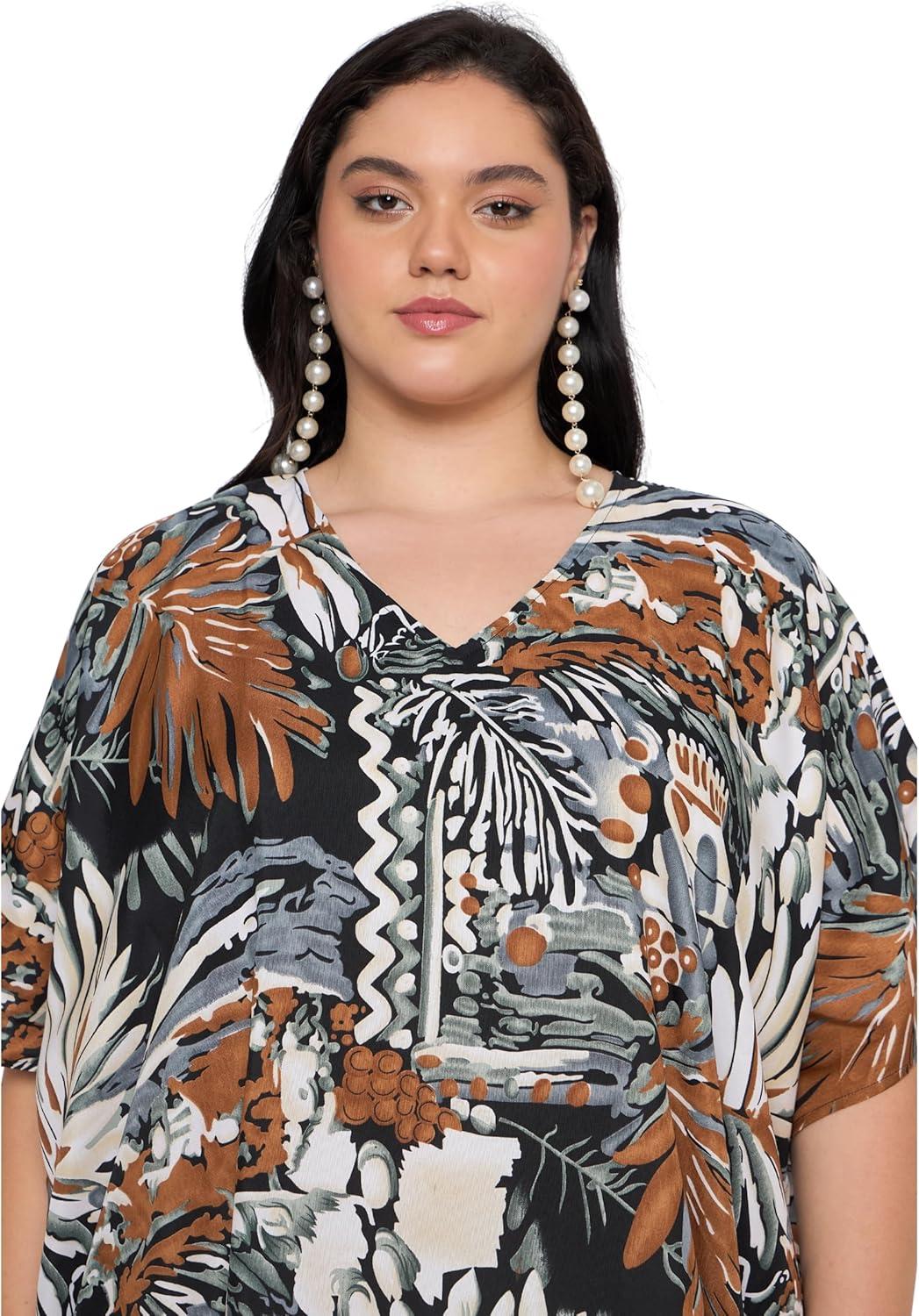 imageCaftans for Women Plus Size Polyester Maxi Beach Dresses Bathing Suit Cover Up Long Kaftan Swimsuit Coverup House DressBlack Tropical Leaf