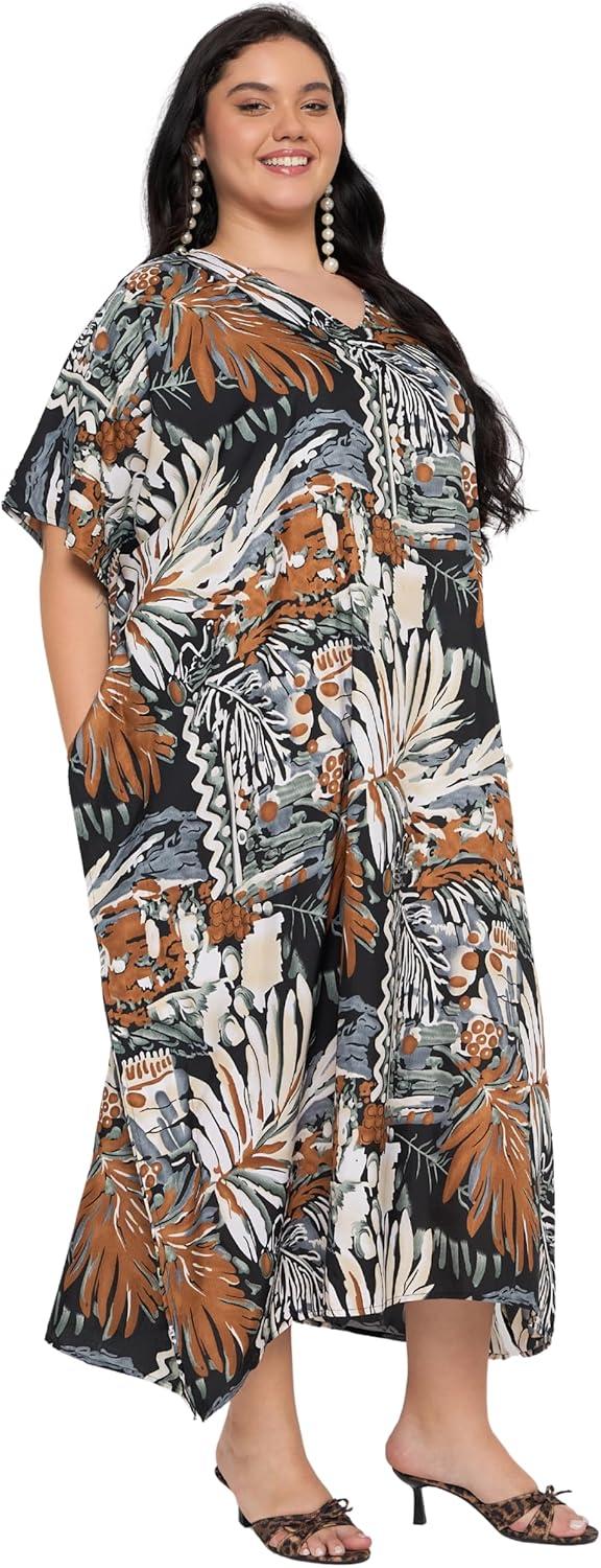 imageCaftans for Women Plus Size Polyester Maxi Beach Dresses Bathing Suit Cover Up Long Kaftan Swimsuit Coverup House DressBlack Tropical Leaf