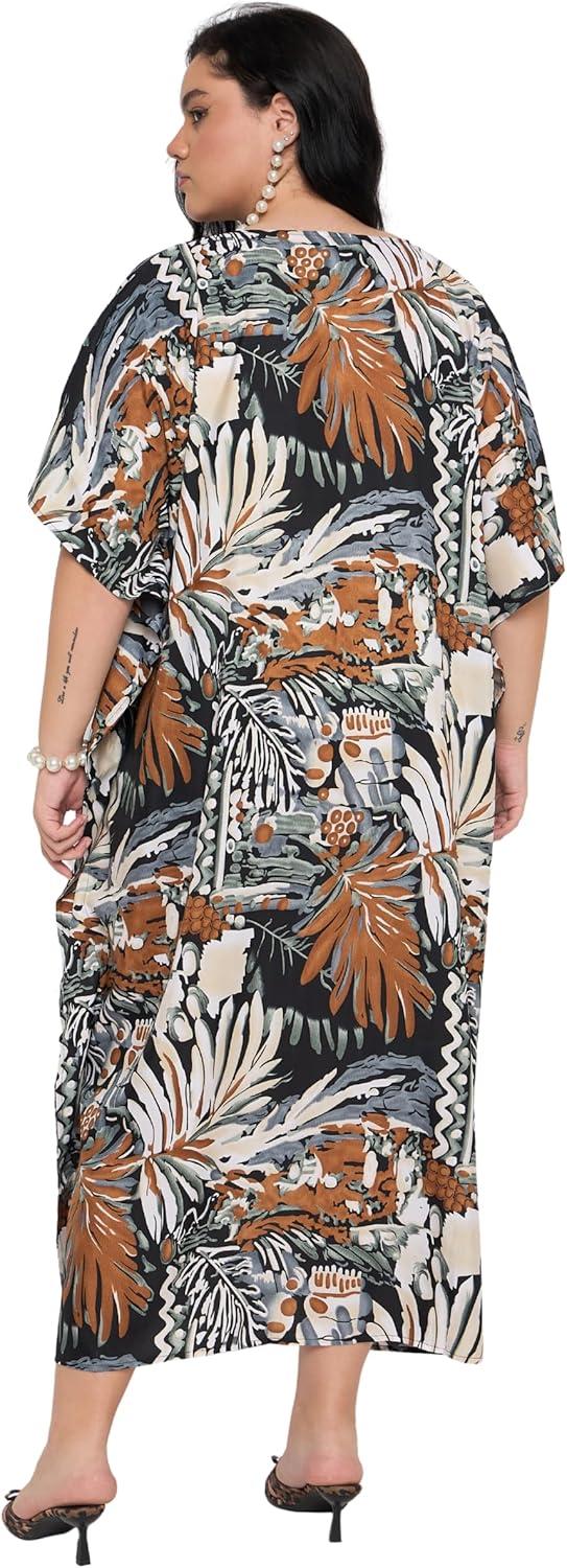 imageCaftans for Women Plus Size Polyester Maxi Beach Dresses Bathing Suit Cover Up Long Kaftan Swimsuit Coverup House DressBlack Tropical Leaf