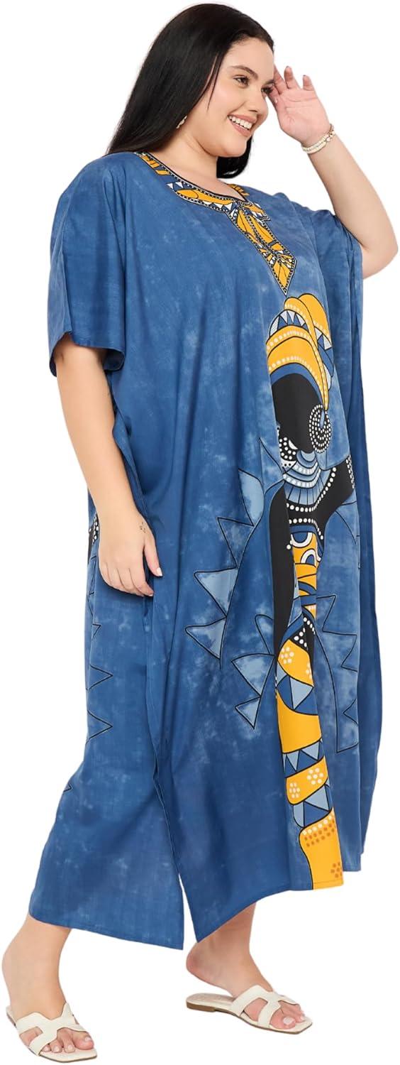 imageCaftans for Women Plus Size Polyester Maxi Beach Dresses Bathing Suit Cover Up Long Kaftan Swimsuit Coverup House DressBlue