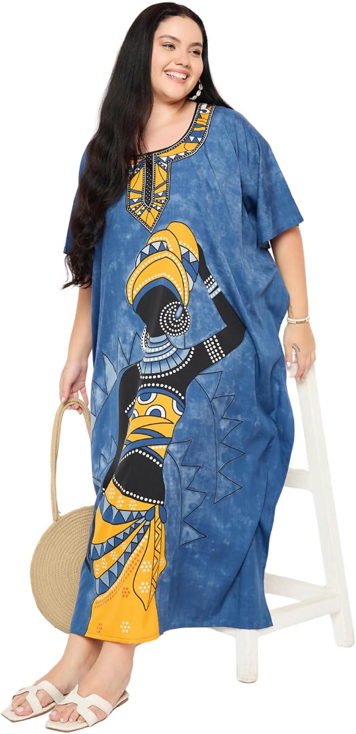 imageCaftans for Women Plus Size Polyester Maxi Beach Dresses Bathing Suit Cover Up Long Kaftan Swimsuit Coverup House DressBlue