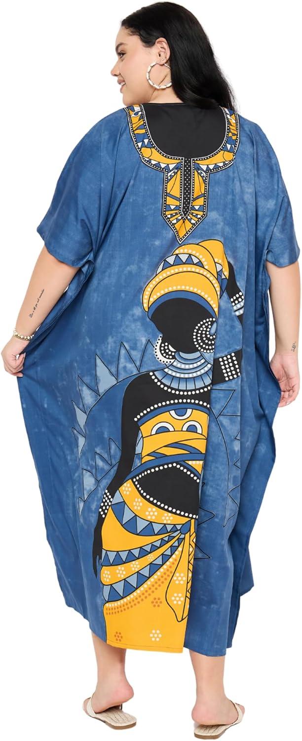 imageCaftans for Women Plus Size Polyester Maxi Beach Dresses Bathing Suit Cover Up Long Kaftan Swimsuit Coverup House DressBlue