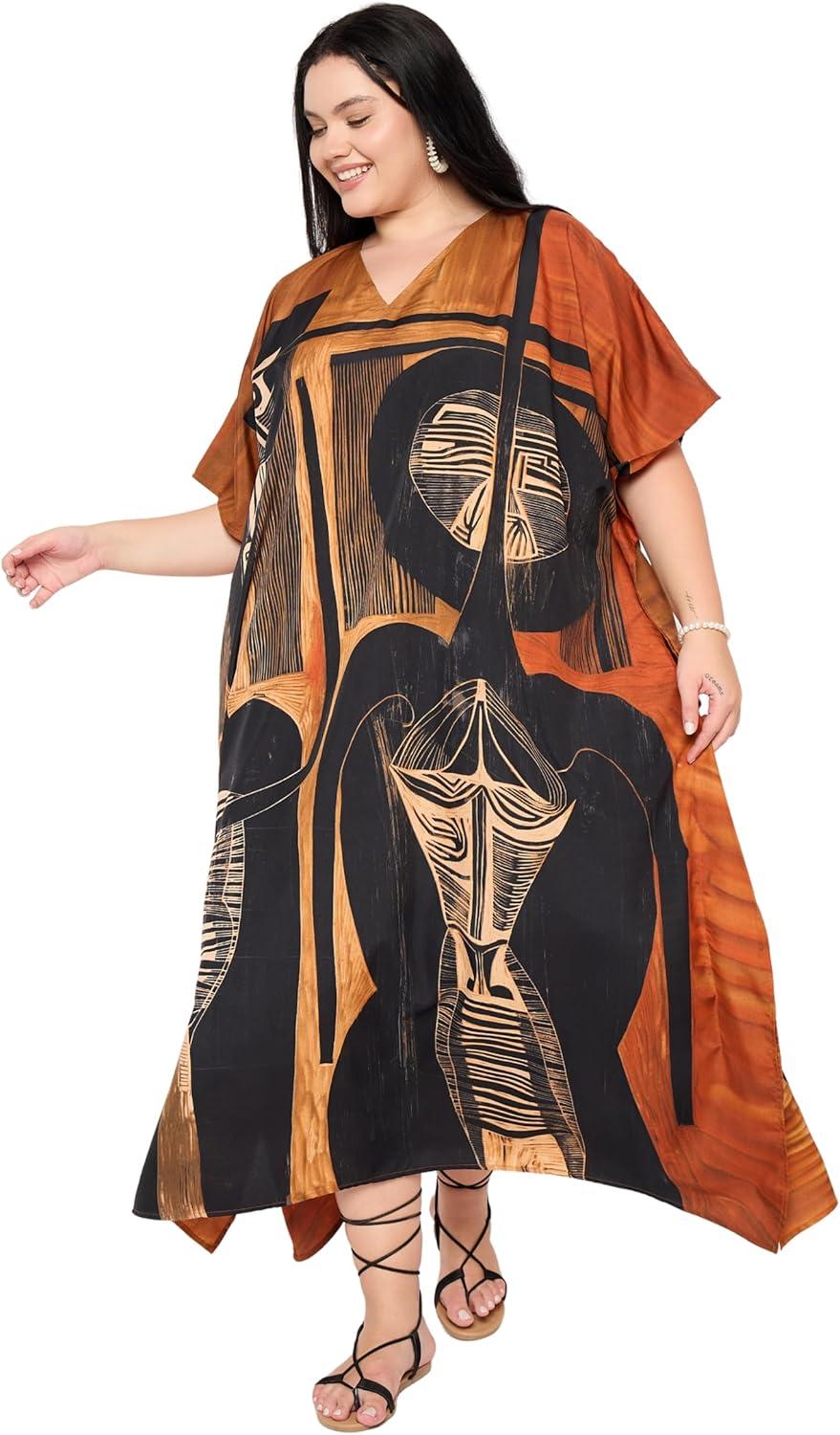 imageCaftans for Women Plus Size Polyester Maxi Beach Dresses Bathing Suit Cover Up Long Kaftan Swimsuit Coverup House DressBrown
