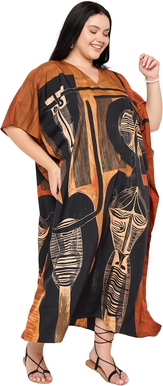 imageCaftans for Women Plus Size Polyester Maxi Beach Dresses Bathing Suit Cover Up Long Kaftan Swimsuit Coverup House DressBrown
