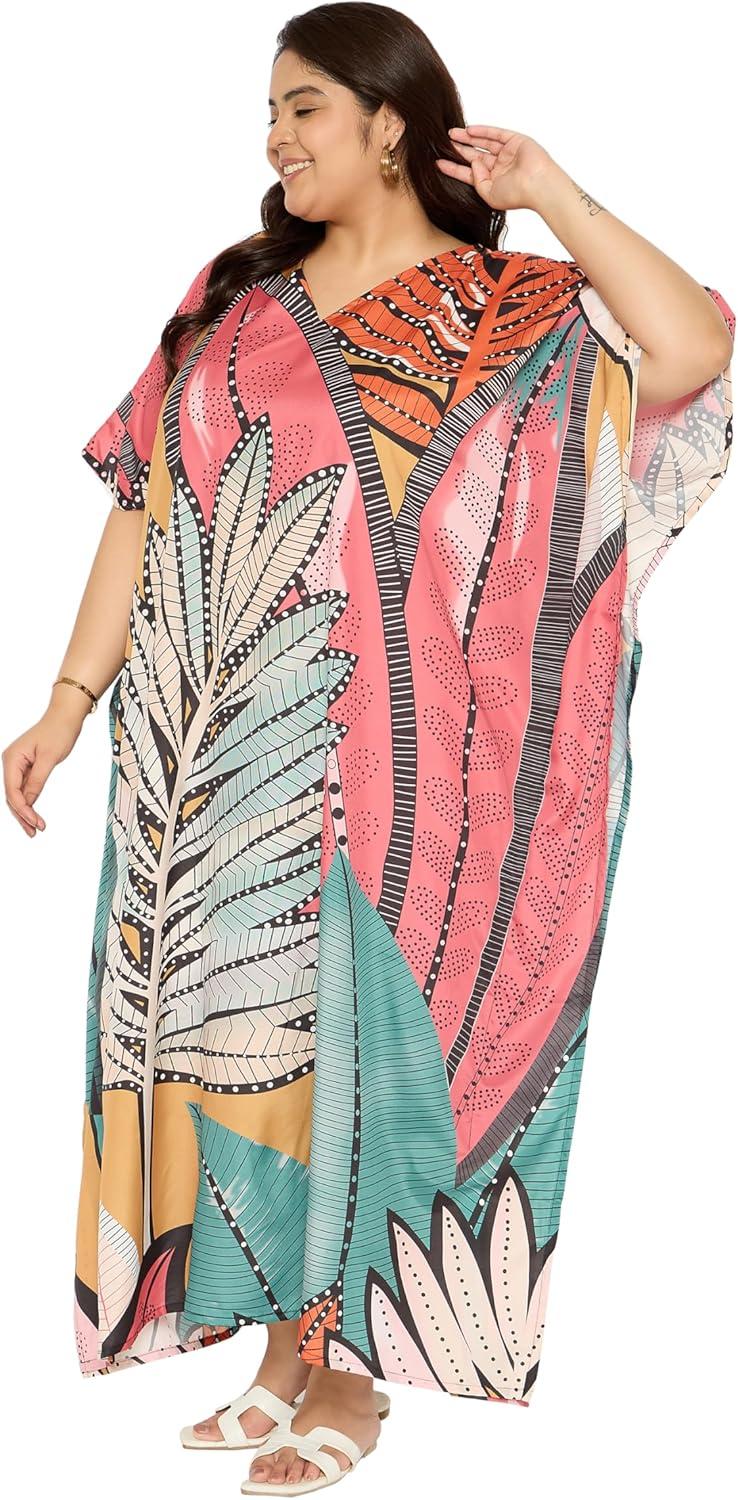imageCaftans for Women Plus Size Polyester Maxi Beach Dresses Bathing Suit Cover Up Long Kaftan Swimsuit Coverup House DressCoral Pink
