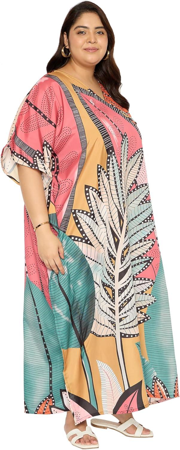 imageCaftans for Women Plus Size Polyester Maxi Beach Dresses Bathing Suit Cover Up Long Kaftan Swimsuit Coverup House DressCoral Pink