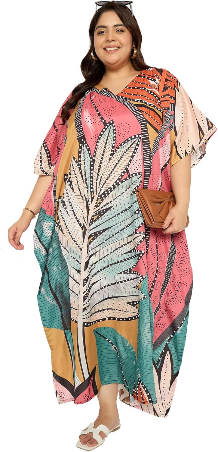 imageCaftans for Women Plus Size Polyester Maxi Beach Dresses Bathing Suit Cover Up Long Kaftan Swimsuit Coverup House DressCoral Pink