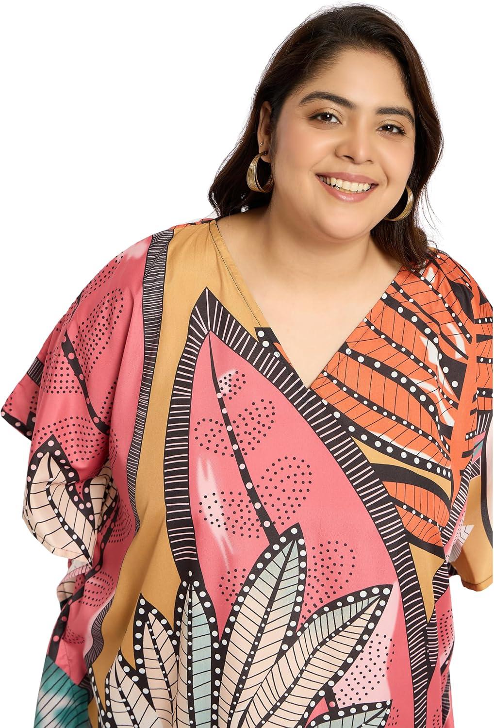 imageCaftans for Women Plus Size Polyester Maxi Beach Dresses Bathing Suit Cover Up Long Kaftan Swimsuit Coverup House DressCoral Pink