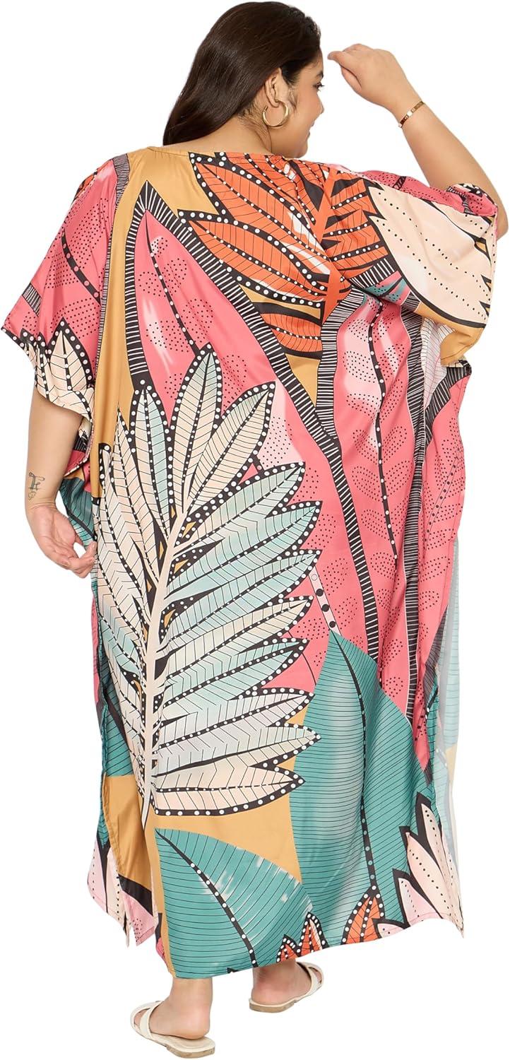 imageCaftans for Women Plus Size Polyester Maxi Beach Dresses Bathing Suit Cover Up Long Kaftan Swimsuit Coverup House DressCoral Pink