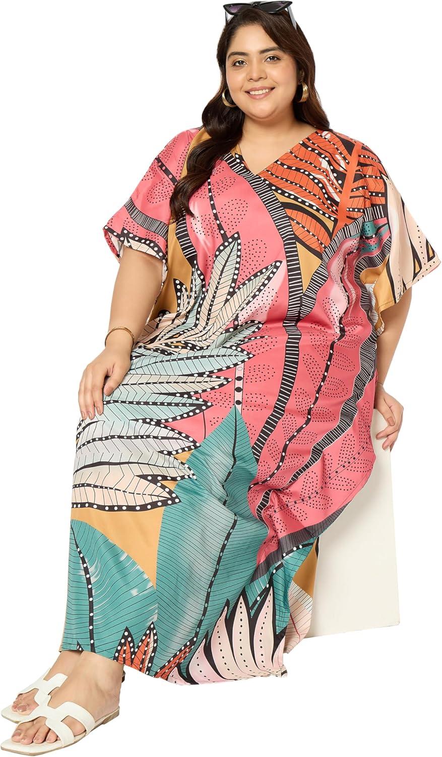 imageCaftans for Women Plus Size Polyester Maxi Beach Dresses Bathing Suit Cover Up Long Kaftan Swimsuit Coverup House DressCoral Pink