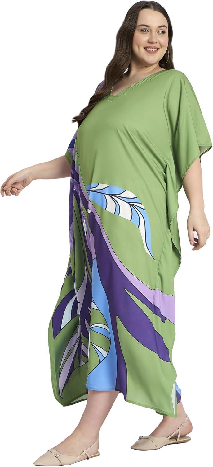 imageCaftans for Women Plus Size Polyester Maxi Beach Dresses Bathing Suit Cover Up Long Kaftan Swimsuit Coverup House DressLeaf Green