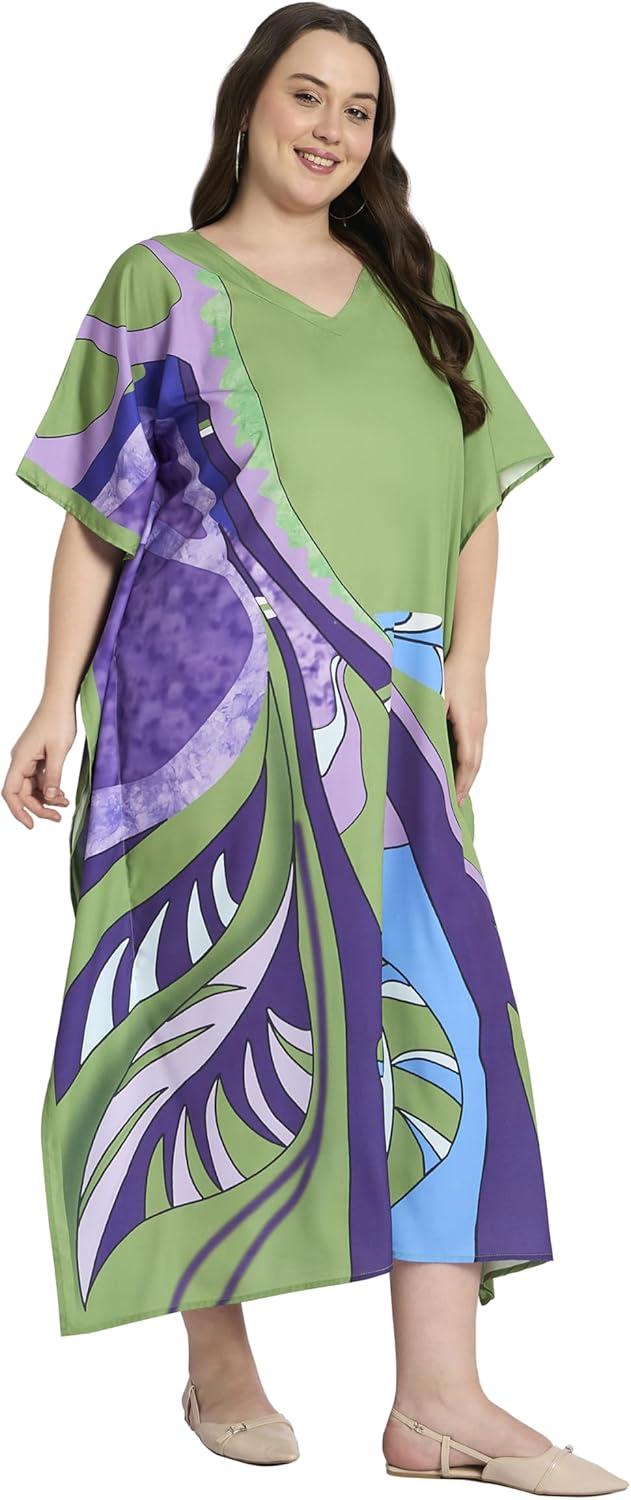 imageCaftans for Women Plus Size Polyester Maxi Beach Dresses Bathing Suit Cover Up Long Kaftan Swimsuit Coverup House DressLeaf Green