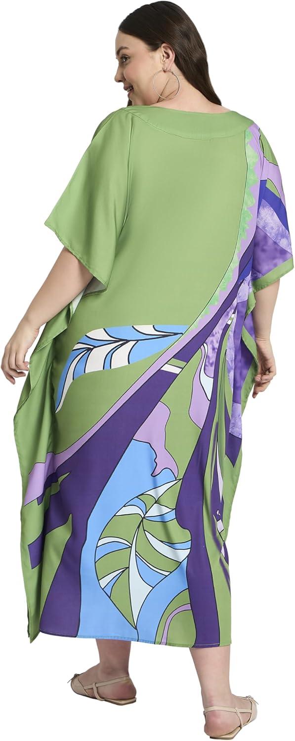 imageCaftans for Women Plus Size Polyester Maxi Beach Dresses Bathing Suit Cover Up Long Kaftan Swimsuit Coverup House DressLeaf Green