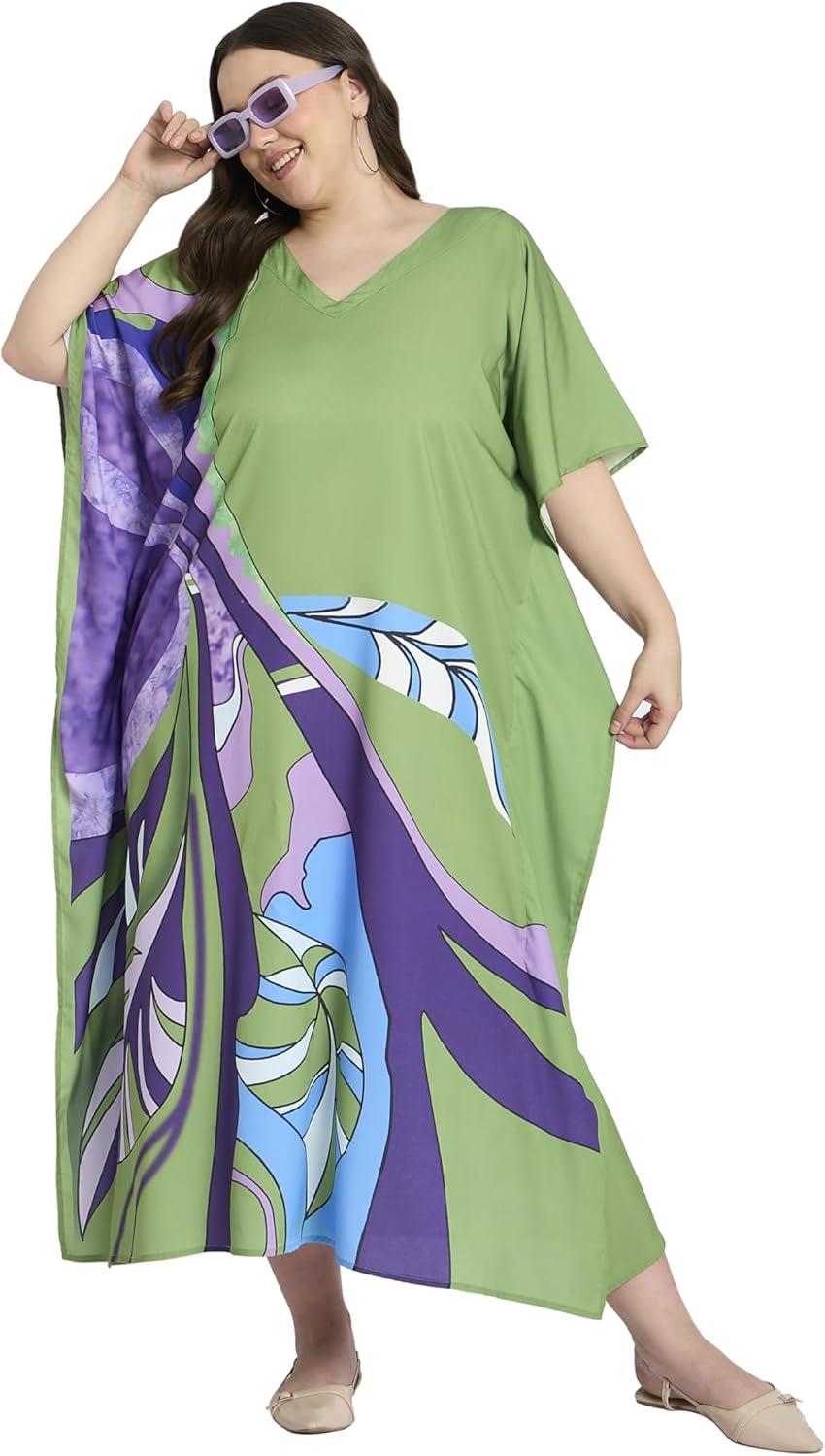 imageCaftans for Women Plus Size Polyester Maxi Beach Dresses Bathing Suit Cover Up Long Kaftan Swimsuit Coverup House DressLeaf Green