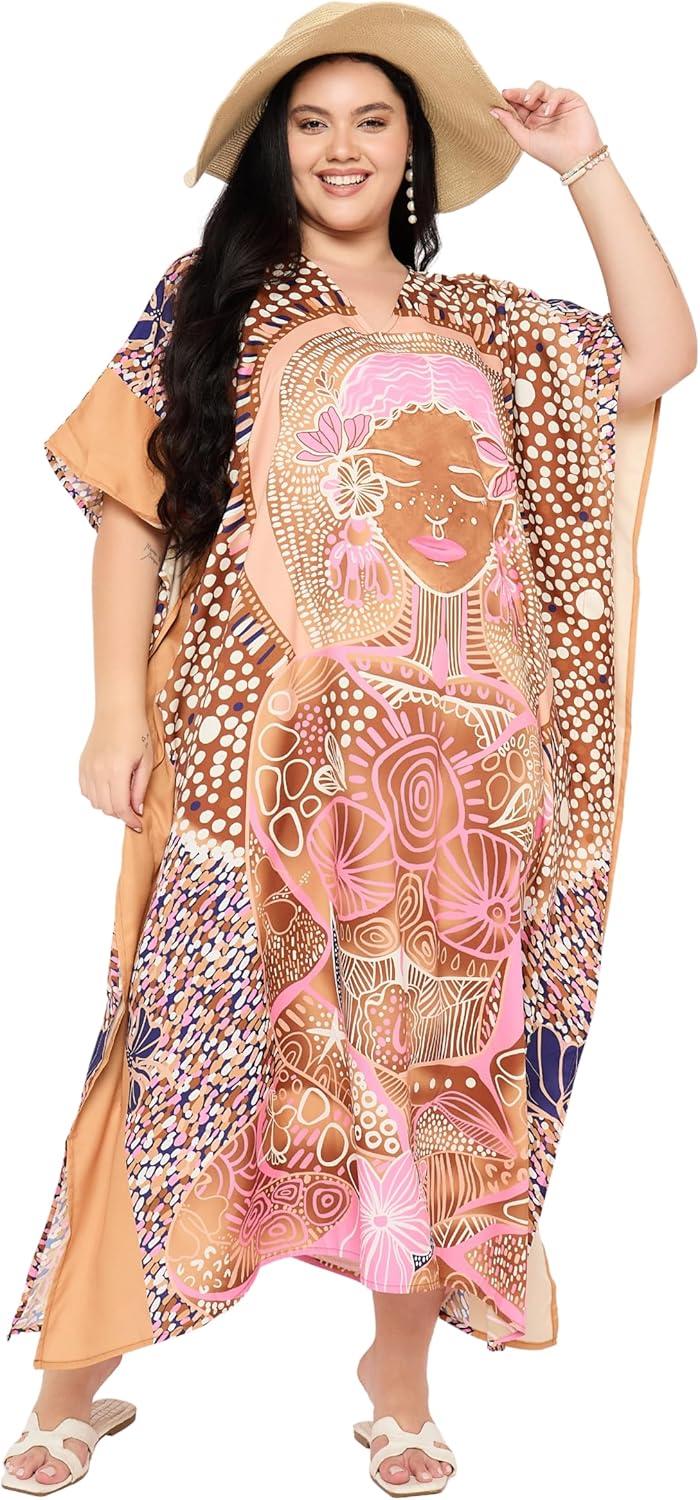 imageCaftans for Women Plus Size Polyester Maxi Beach Dresses Bathing Suit Cover Up Long Kaftan Swimsuit Coverup House DressLight Brown
