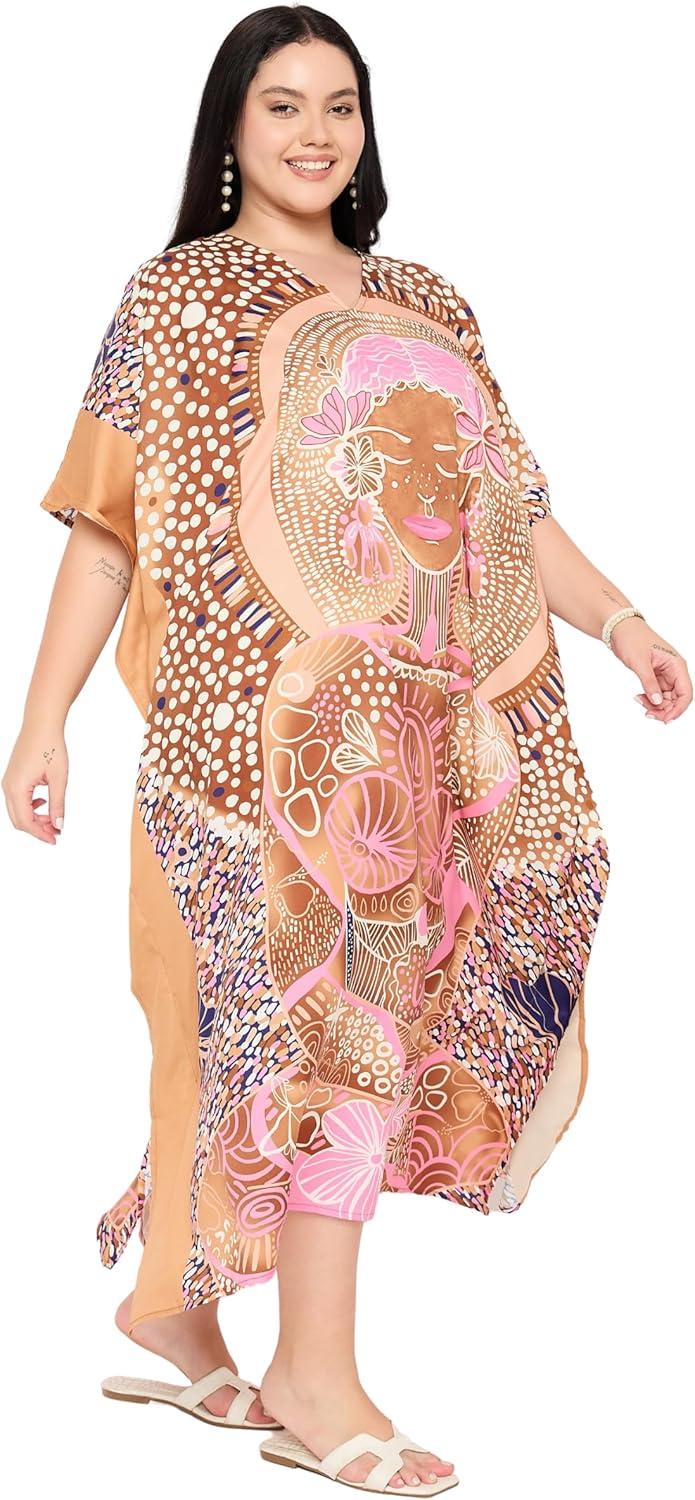 imageCaftans for Women Plus Size Polyester Maxi Beach Dresses Bathing Suit Cover Up Long Kaftan Swimsuit Coverup House DressLight Brown