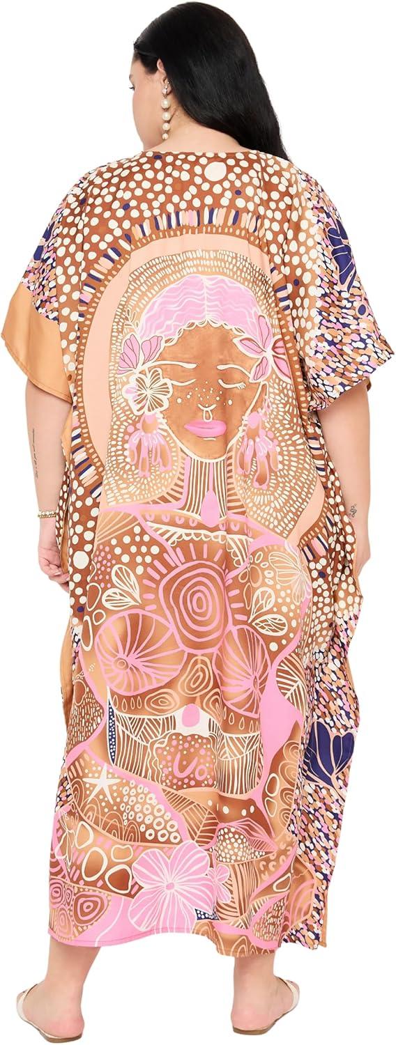 imageCaftans for Women Plus Size Polyester Maxi Beach Dresses Bathing Suit Cover Up Long Kaftan Swimsuit Coverup House DressLight Brown