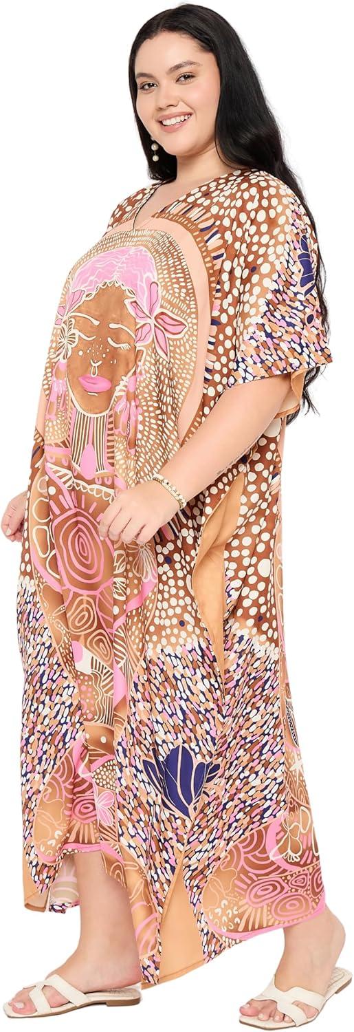 imageCaftans for Women Plus Size Polyester Maxi Beach Dresses Bathing Suit Cover Up Long Kaftan Swimsuit Coverup House DressLight Brown