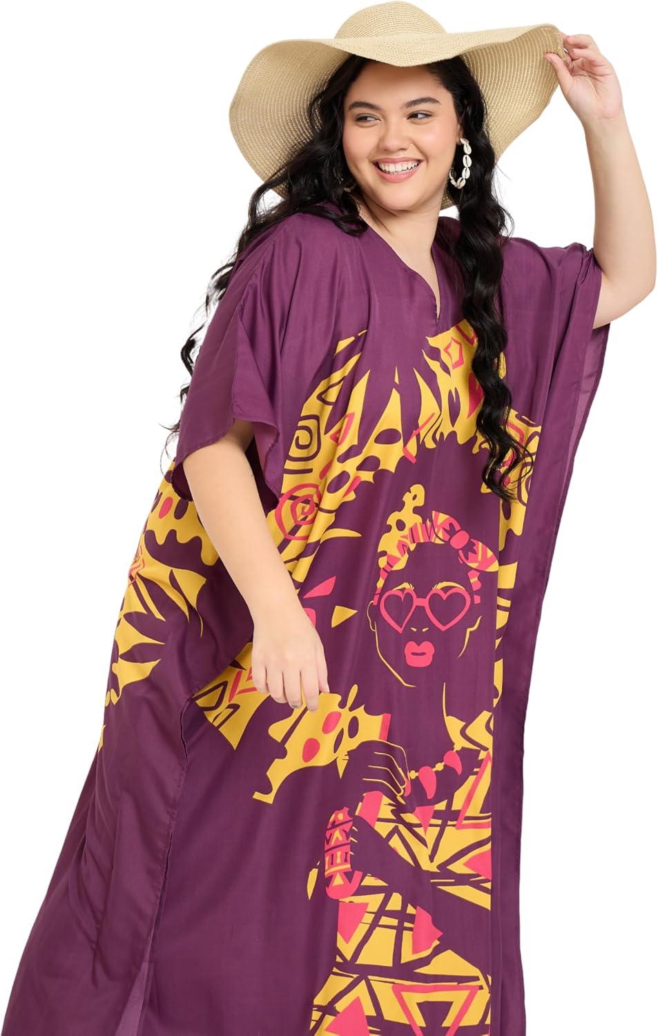 imageCaftans for Women Plus Size Polyester Maxi Beach Dresses Bathing Suit Cover Up Long Kaftan Swimsuit Coverup House DressMaroon