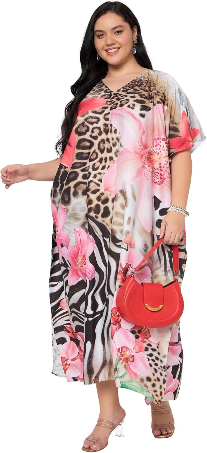 imageCaftans for Women Plus Size Polyester Maxi Beach Dresses Bathing Suit Cover Up Long Kaftan Swimsuit Coverup House DressMulti