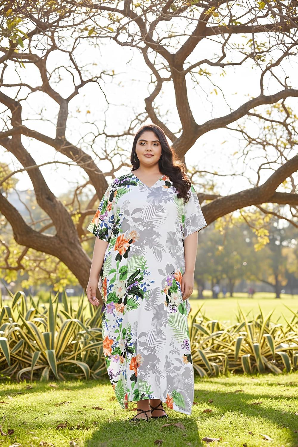 imageCaftans for Women Plus Size Polyester Maxi Beach Dresses Bathing Suit Cover Up Long Kaftan Swimsuit Coverup House DressMulti Color Floral Print