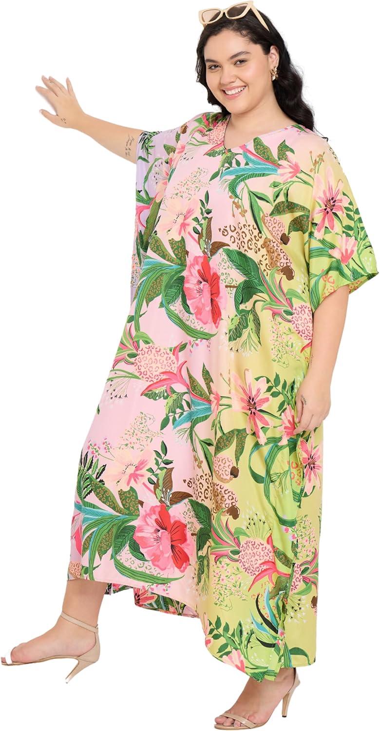 imageCaftans for Women Plus Size Polyester Maxi Beach Dresses Bathing Suit Cover Up Long Kaftan Swimsuit Coverup House DressMulti Leaf