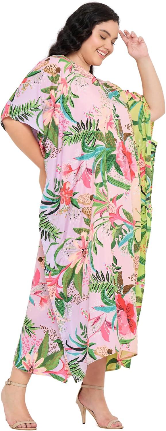 imageCaftans for Women Plus Size Polyester Maxi Beach Dresses Bathing Suit Cover Up Long Kaftan Swimsuit Coverup House DressMulti Leaf