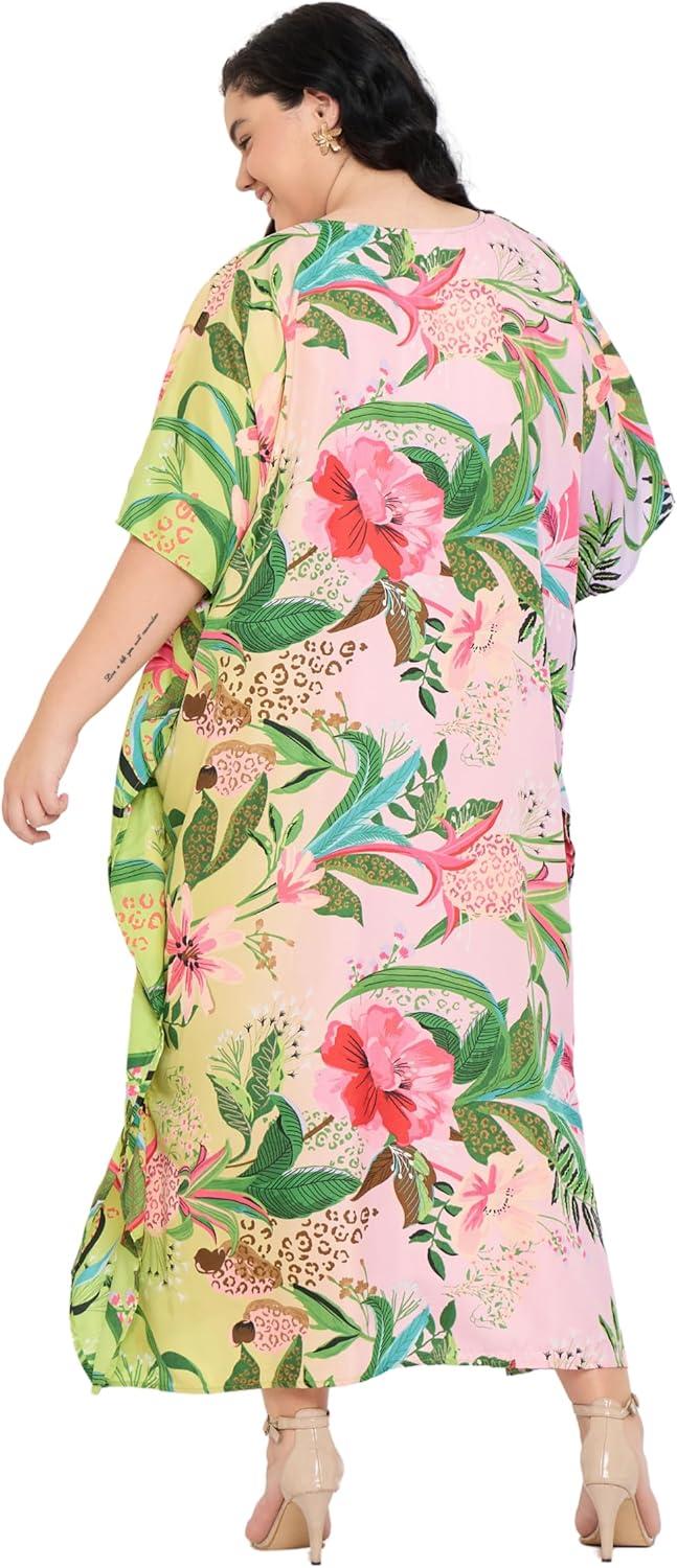 imageCaftans for Women Plus Size Polyester Maxi Beach Dresses Bathing Suit Cover Up Long Kaftan Swimsuit Coverup House DressMulti Leaf