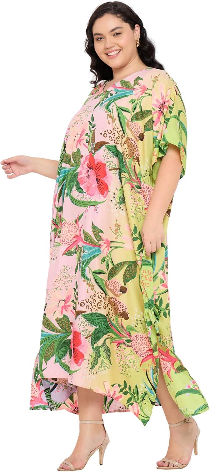 imageCaftans for Women Plus Size Polyester Maxi Beach Dresses Bathing Suit Cover Up Long Kaftan Swimsuit Coverup House DressMulti Leaf