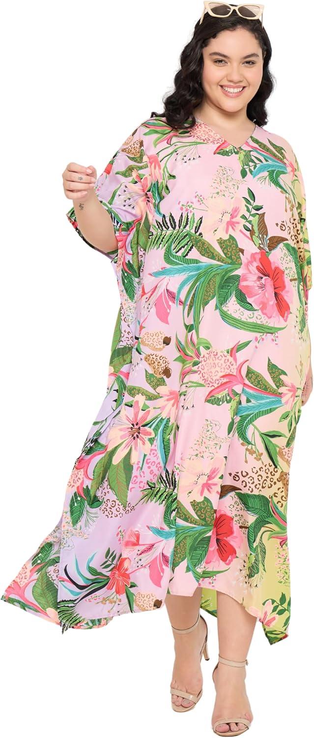 imageCaftans for Women Plus Size Polyester Maxi Beach Dresses Bathing Suit Cover Up Long Kaftan Swimsuit Coverup House DressMulti Leaf
