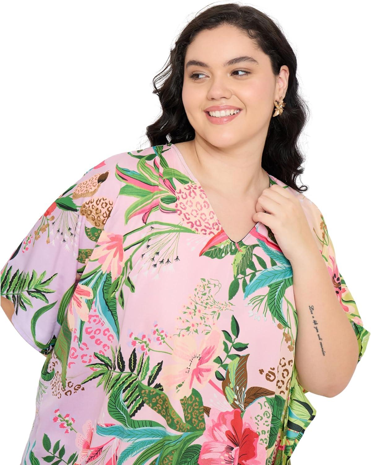 imageCaftans for Women Plus Size Polyester Maxi Beach Dresses Bathing Suit Cover Up Long Kaftan Swimsuit Coverup House DressMulti Leaf