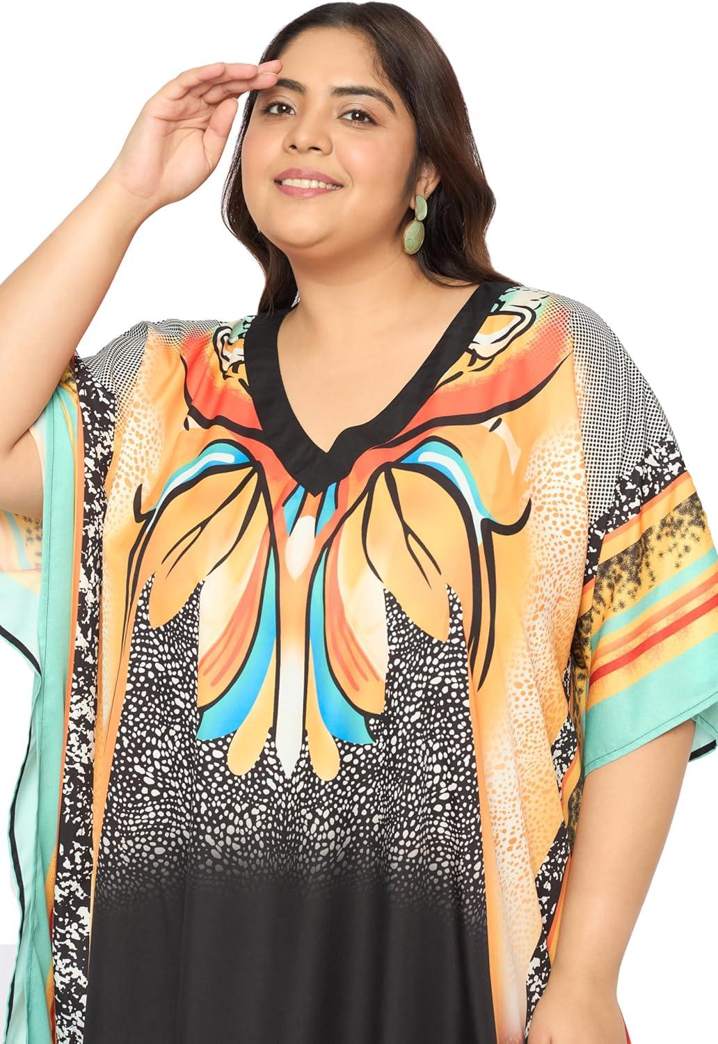 imageCaftans for Women Plus Size Polyester Maxi Beach Dresses Bathing Suit Cover Up Long Kaftan Swimsuit Coverup House DressMulti Plants
