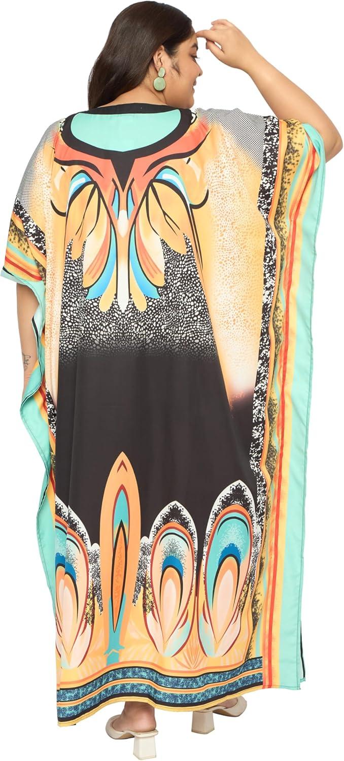 imageCaftans for Women Plus Size Polyester Maxi Beach Dresses Bathing Suit Cover Up Long Kaftan Swimsuit Coverup House DressMulti Plants