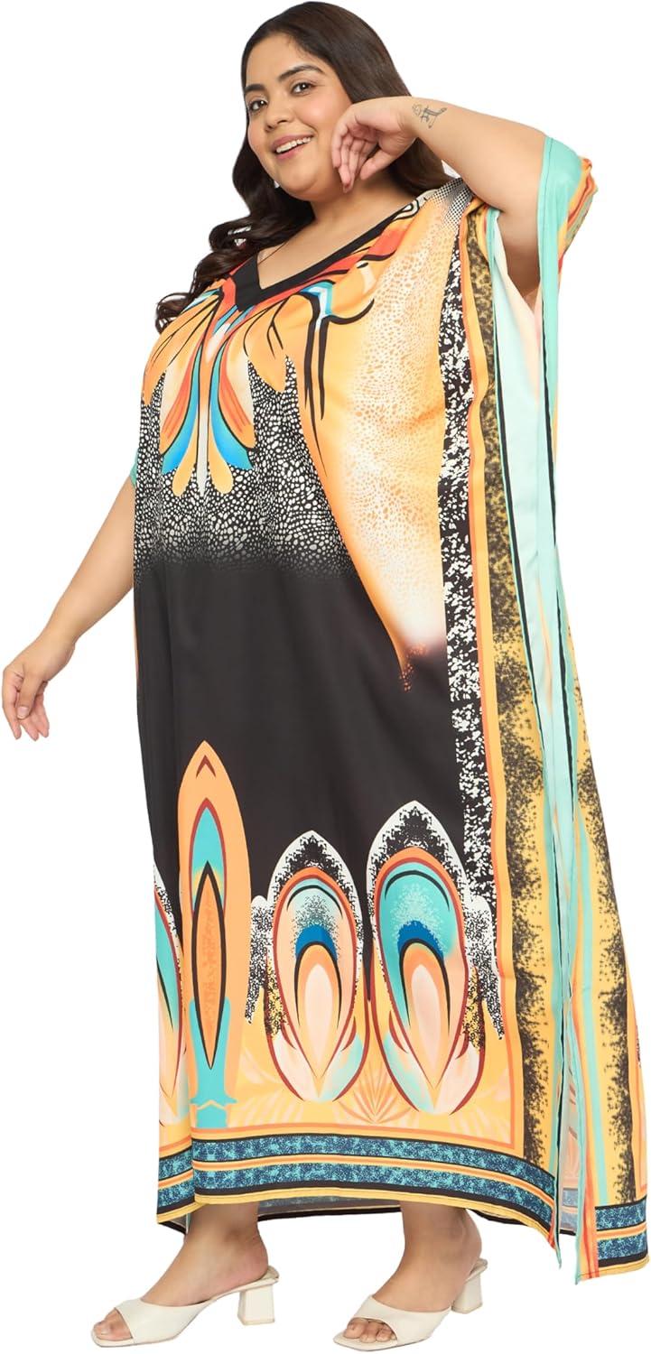 imageCaftans for Women Plus Size Polyester Maxi Beach Dresses Bathing Suit Cover Up Long Kaftan Swimsuit Coverup House DressMulti Plants