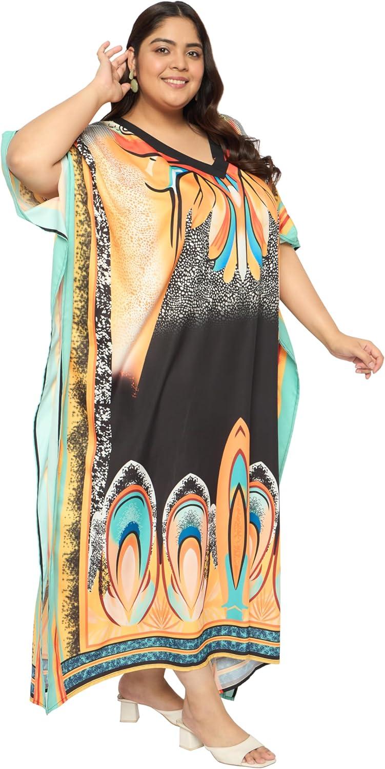 imageCaftans for Women Plus Size Polyester Maxi Beach Dresses Bathing Suit Cover Up Long Kaftan Swimsuit Coverup House DressMulti Plants